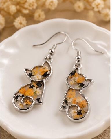 Handmade Real Pressed Orange, Black, White Flowers. Calico Cat Earrings. Orange Queen Anne’s lace. Surgical steel earrings. Cat Lovers.