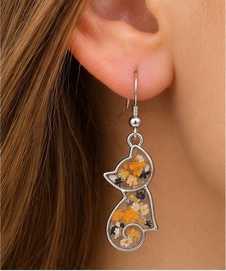 Handmade Real Pressed Orange, Black, White Flowers. Calico Cat Earrings. Orange Queen Anne’s lace. Surgical steel earrings. Cat Lovers.