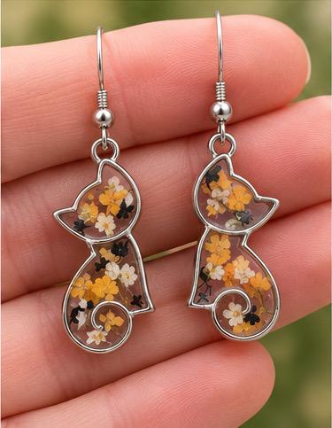 Handmade Real Pressed Orange, Black, White Flowers. Calico Cat Earrings. Orange Queen Anne’s lace. Surgical steel earrings. Cat Lovers.