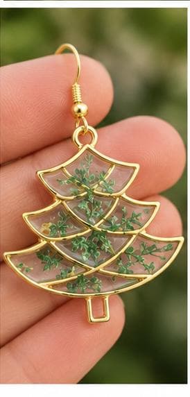 Beautiful real pressed flowers. Christmas tree earrings. Hypoallergenic.