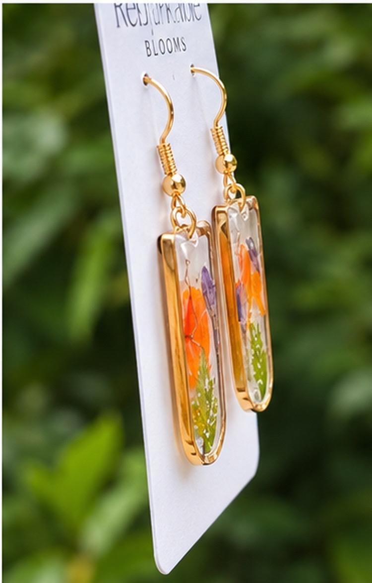 Beautiful real pressed flowers. Handmade earrings with real marigold petals. Unique October birthday gift. Hypoallergenic.