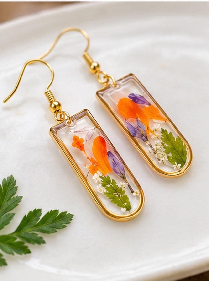 Beautiful real pressed flowers. Handmade earrings with real marigold petals. Unique October birthday gift. Hypoallergenic.