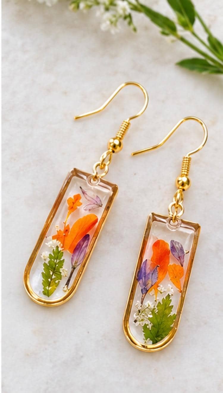 Beautiful real pressed flowers. Handmade earrings with real marigold petals. Unique October birthday gift. Hypoallergenic.