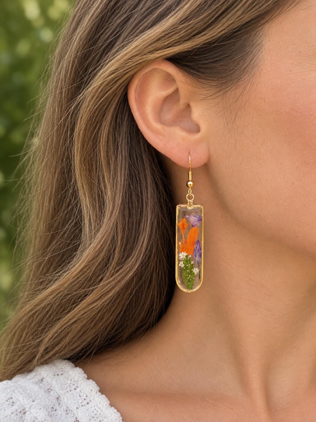 Beautiful real pressed flowers. Handmade earrings with real marigold petals. Unique October birthday gift. Hypoallergenic.