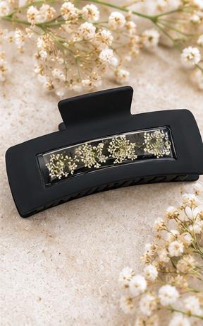 Handmade black and white real pressed flower claw clips.