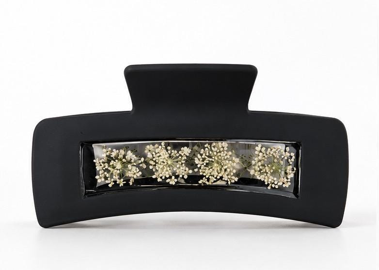 Handmade black and white real pressed flower claw clips.
