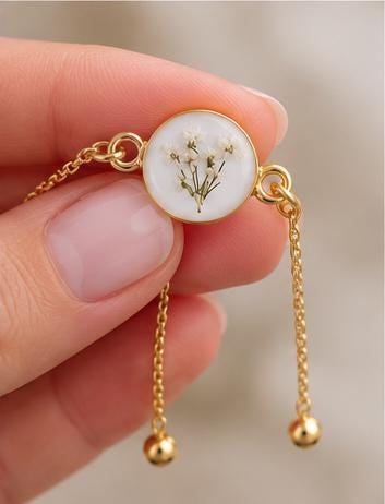 Handmade real flower bracelet. Adjustable & tarnish resistant. White Queen Anne’s Lace flowers