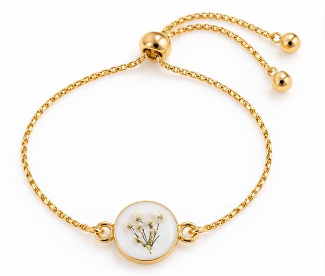 Handmade real flower bracelet. Adjustable & tarnish resistant. White Queen Anne’s Lace flowers