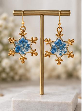 Handmade Snowflake Earrings made with Real Blue Pressed Flower. Holiday Earrings. Personal gift. Christmas Gift.