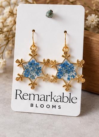 Handmade Snowflake Earrings made with Real Blue Pressed Flower. Holiday Earrings. Personal gift. Christmas Gift.