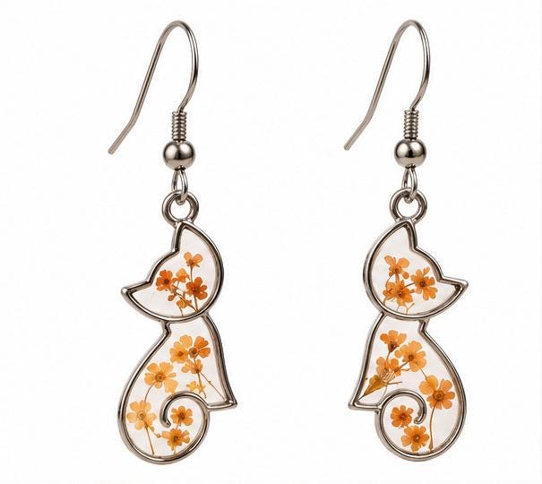 Handmade Real Pressed orange Flowers. Orange Cat Earrings. Orange Queen Anne’s lace flowers. Surgical steel earrings. Cat Lovers.