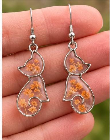 Handmade Real Pressed orange Flowers. Orange Cat Earrings. Orange Queen Anne’s lace flowers. Surgical steel earrings. Cat Lovers.
