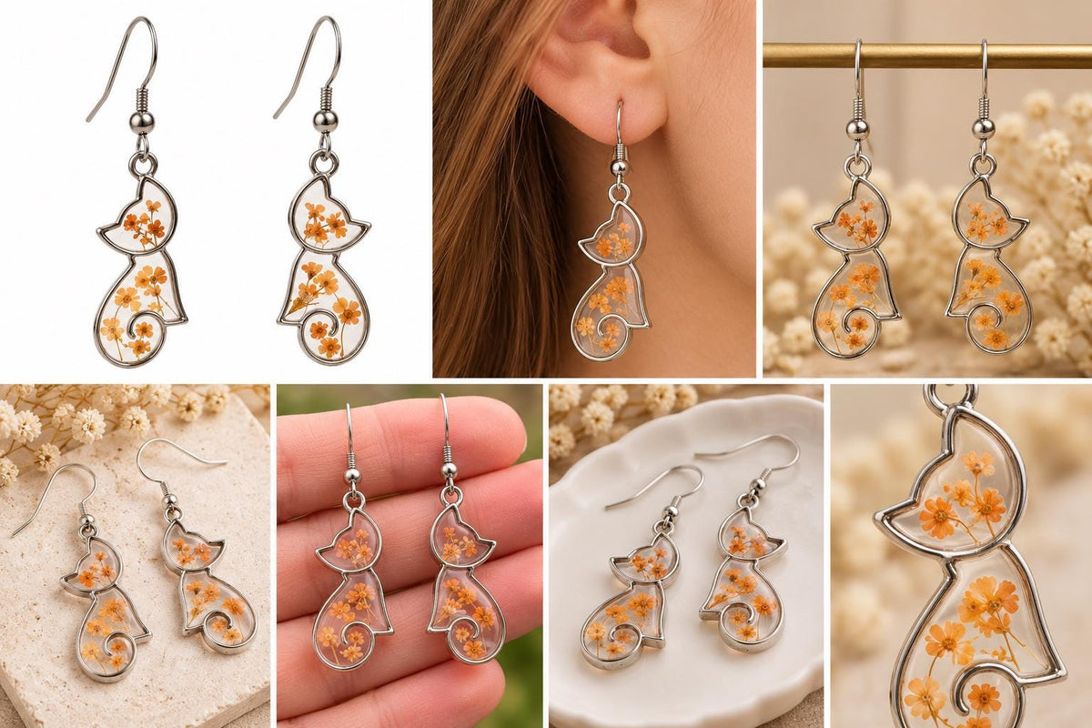 Handmade Real Pressed orange Flowers. Orange Cat Earrings. Orange Queen Anne’s lace flowers. Surgical steel earrings. Cat Lovers.