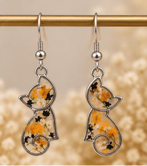 Handmade Real Pressed Orange, Black, White Flowers. Calico Cat Earrings. Orange Queen Anne’s lace. Surgical steel earrings. Cat Lovers.