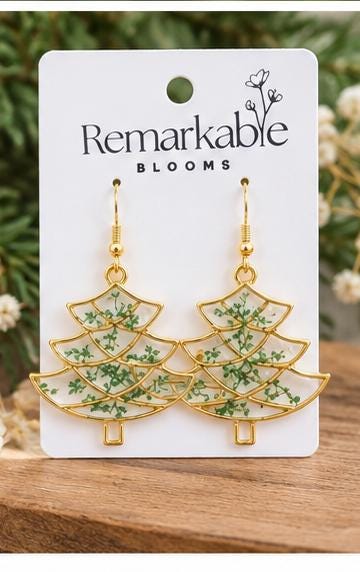 Beautiful real pressed flowers. Christmas tree earrings. Hypoallergenic.