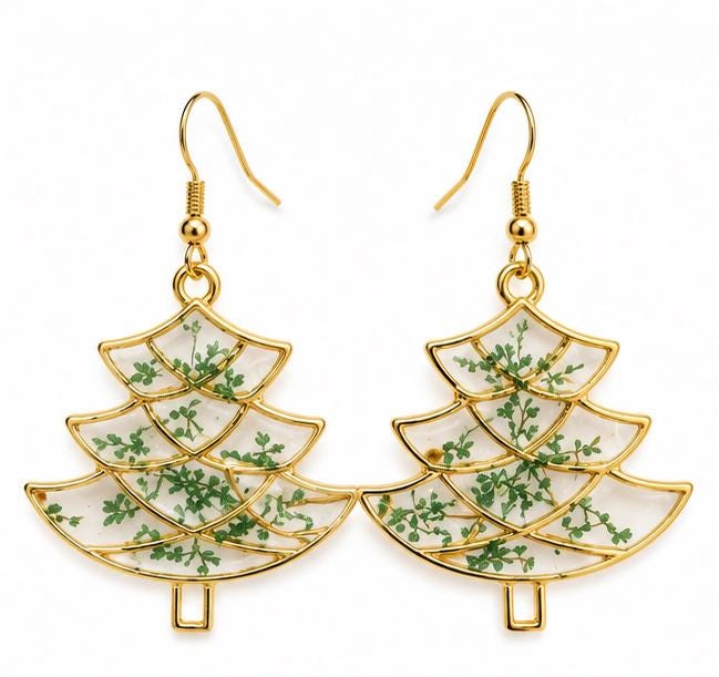 Beautiful real pressed flowers. Christmas tree earrings. Hypoallergenic.