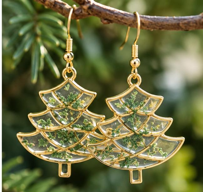 Beautiful real pressed flowers. Christmas tree earrings. Hypoallergenic.