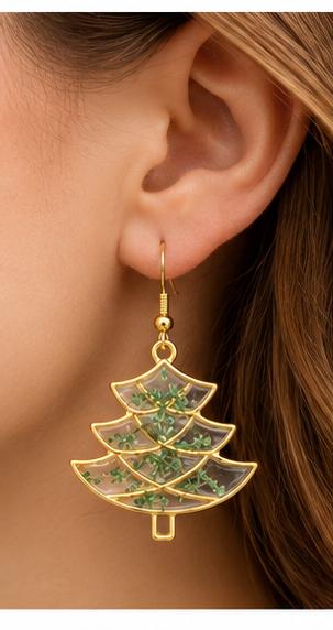 Beautiful real pressed flowers. Christmas tree earrings. Hypoallergenic.