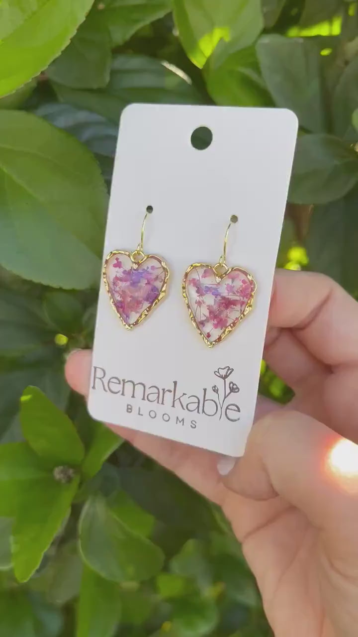 Valentines Day Handmade with real pink pressed flowers. Hypoallergenic Earrings. Heart shaped earrings. 14K gold plated.
