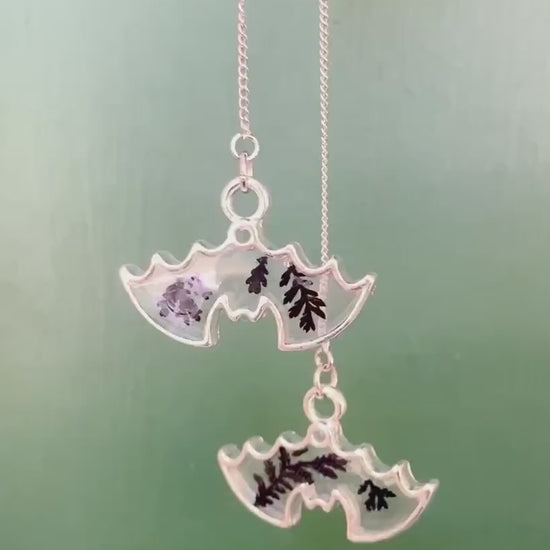 Handmade Bat Shaped  Real Pressed Flower Earrings. Halloween Jewelry. Platinum plated threaded earrings.