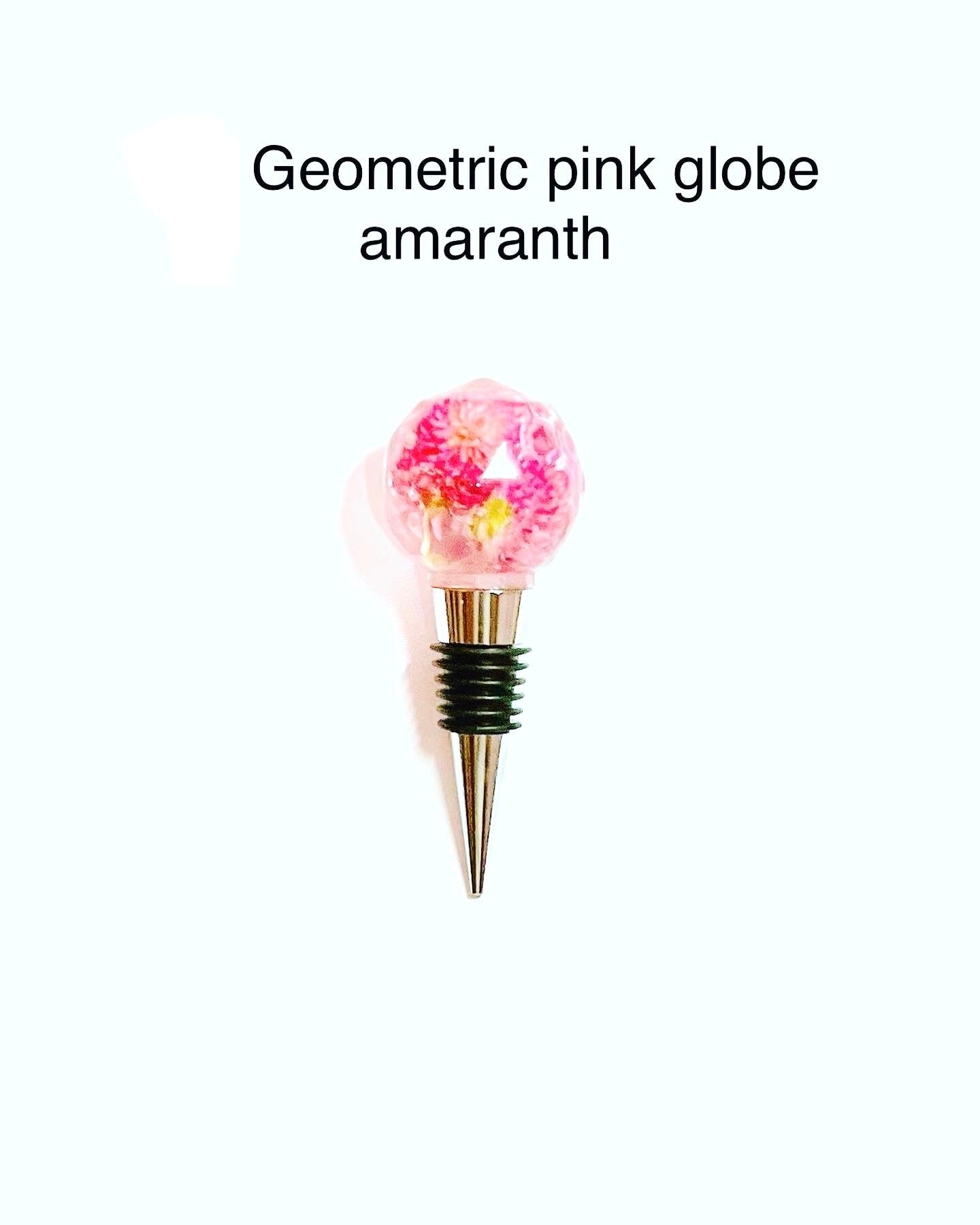 Handmade preserved real flower wine topper. Pink Globe Amaranth- Symbol for sincere friendships. One of a kind gift for wedding guests.