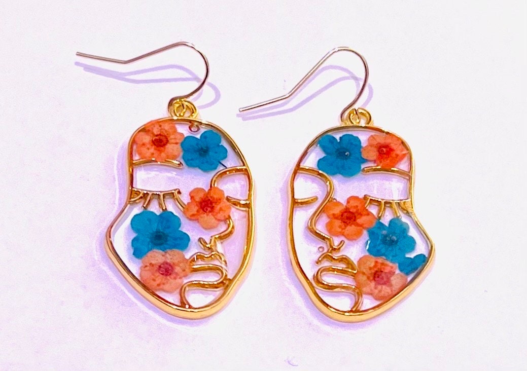 UF Gator Earrings. University of Florida. Orange and Blue. Made with real pressed flowers. Hypoallergenic Earrings. 14K gold.