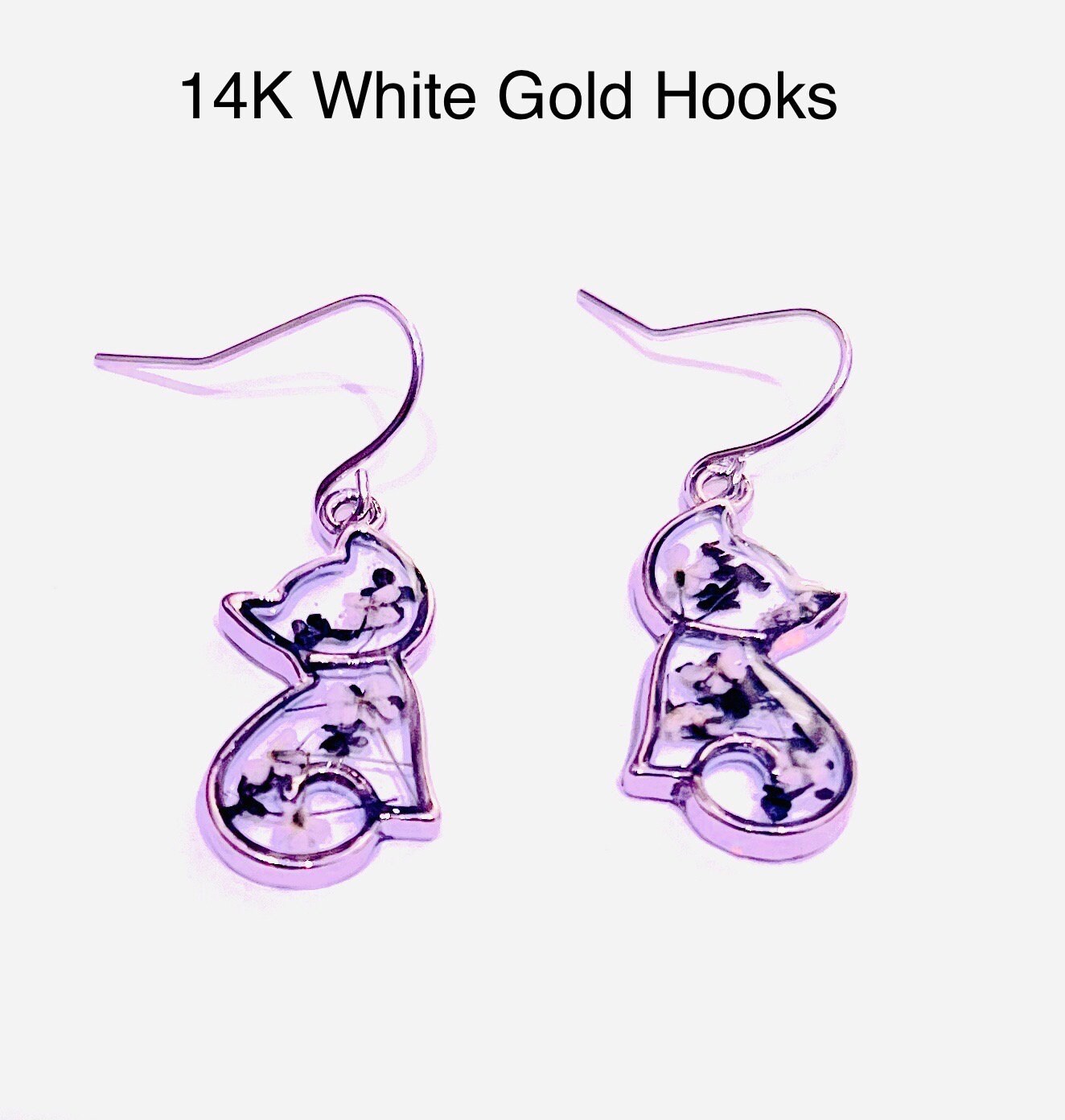 Tuxedo Cat Earrings. Black and White Queen Anne’s lace flowers. 14K white gold plated earrings. 18K Gold Hoops. Special Gift for Cat Lovers.