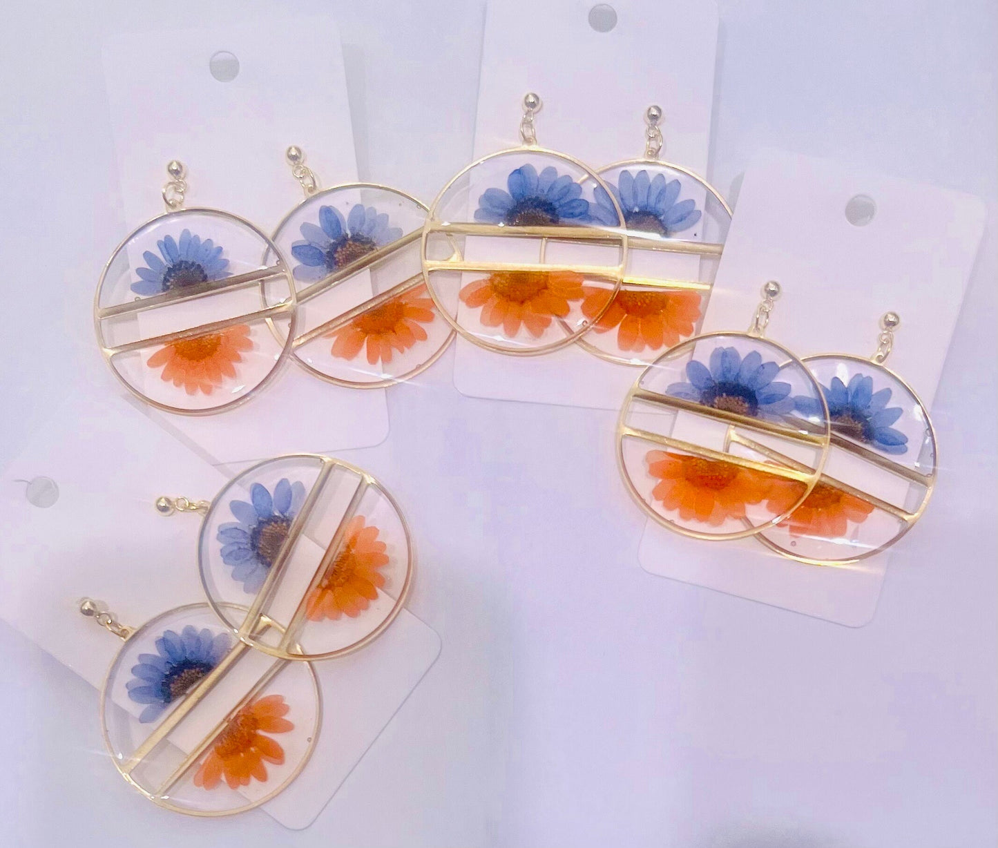 UF Gator Earrings. University of Florida. Orange and Blue. Made with real pressed flowers. Hypoallergenic Earrings. 24K gold.