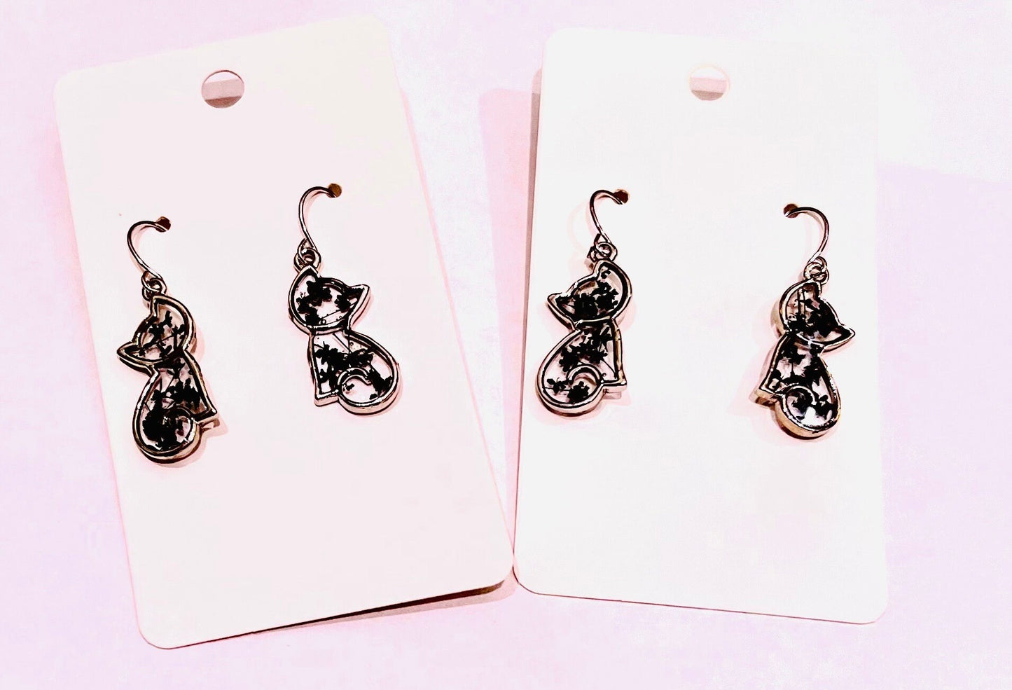 Handmade Real Pressed Black Flowers. Black Cat Earrings. Black Queen Anne’s lace flowers. 18K gold plated earrings. Cat Lovers.