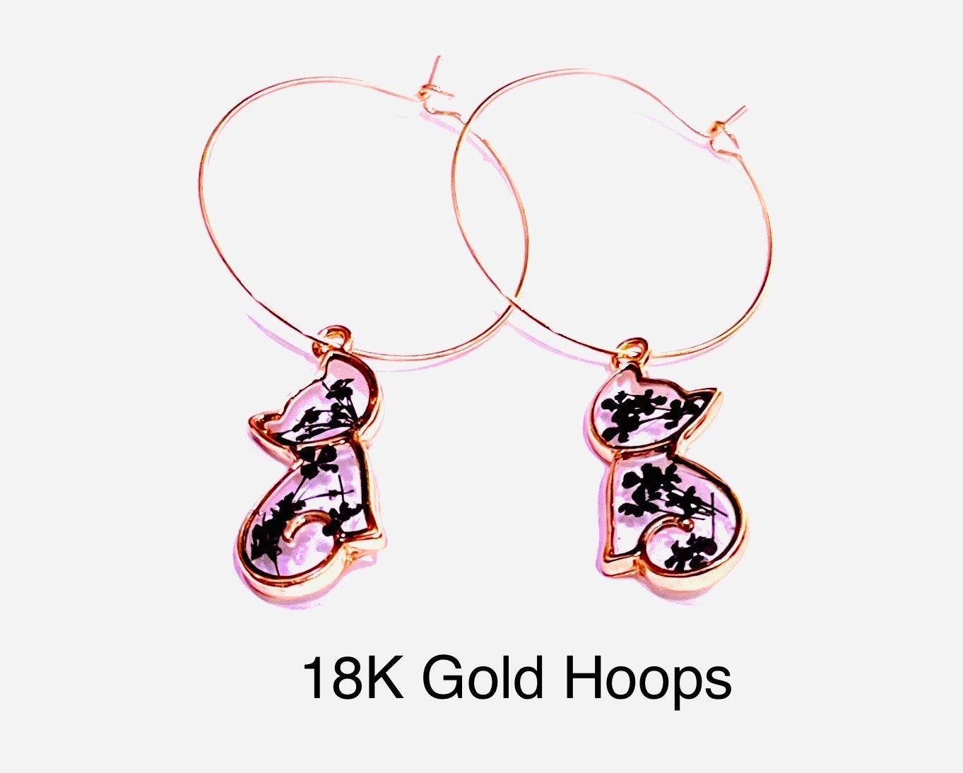 Handmade Real Pressed Black Flowers. Black Cat Earrings. Black Queen Anne’s lace flowers. 18K gold plated earrings. Cat Lovers.