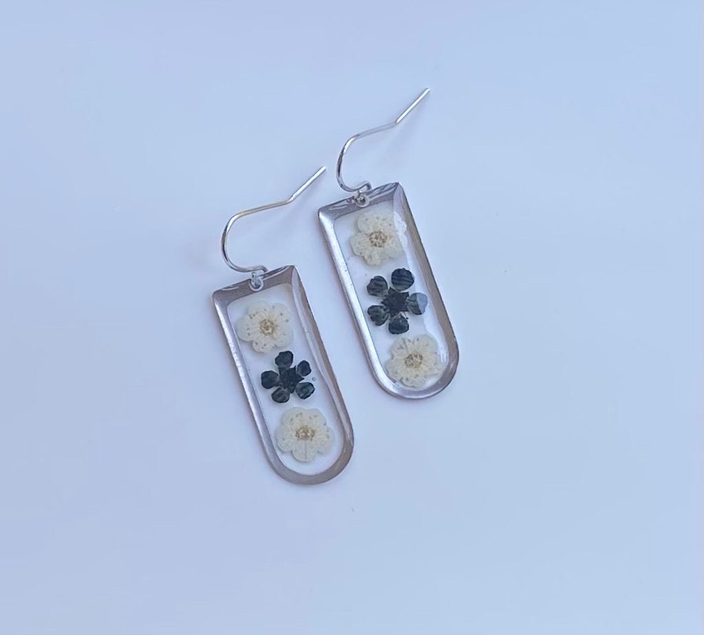 Handmade Black and White Real Pressed Flower Earrings. Halloween Jewelry. 14K White Gold plated.