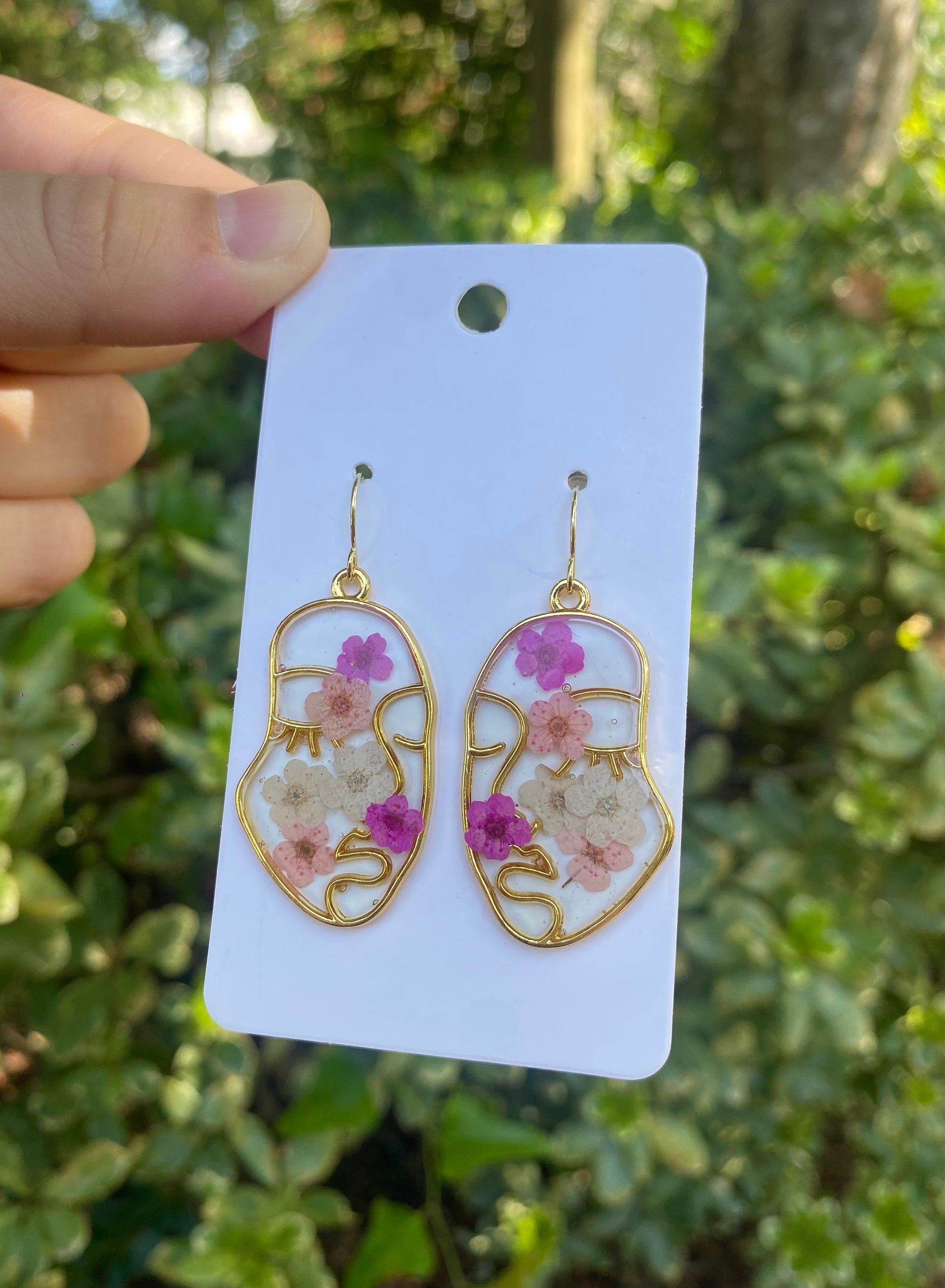 Pink and white real pressed flower earrings. Handmade. Abstract face earrings. 14K Gold Plated. Statement Earrings.