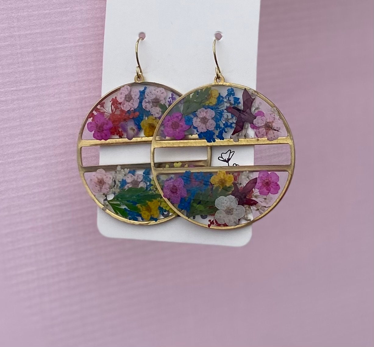 Handmade with pressed flowers & Ferns. Hypoallergenic Earrings. Terrarium earrings. 14K gold
