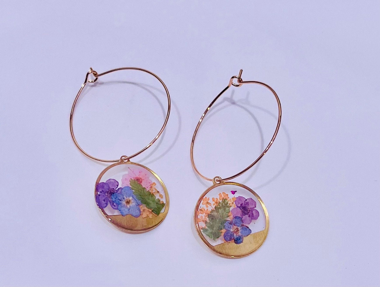 Handmade with pressed flowers & Ferns. Hypoallergenic Earrings. Terrarium earrings. 18K Gold Plated Hoops.