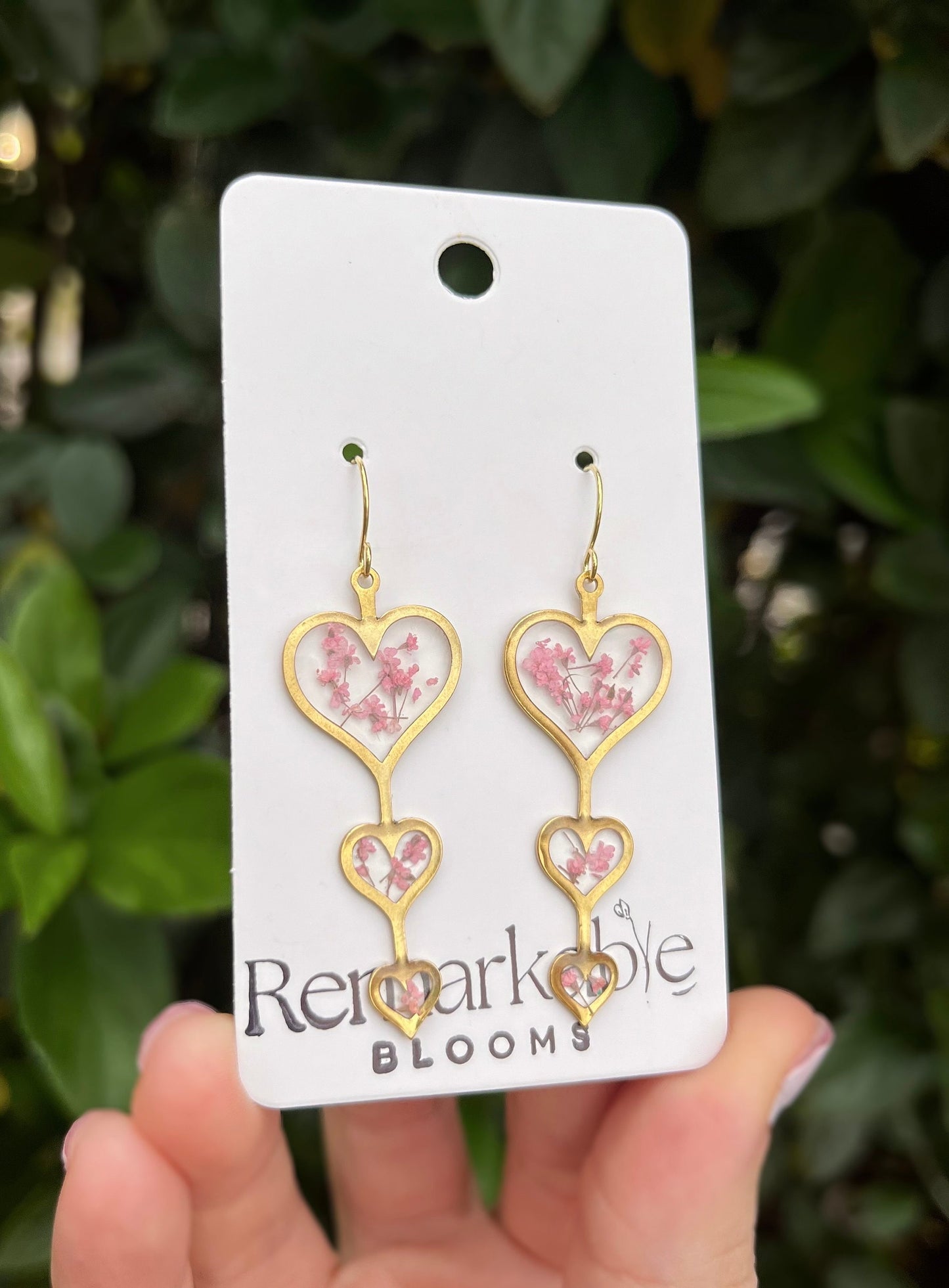 Valentines Day Handmade with real pink pressed flowers. Hypoallergenic Earrings. Heart shaped earrings. 14K gold plated.